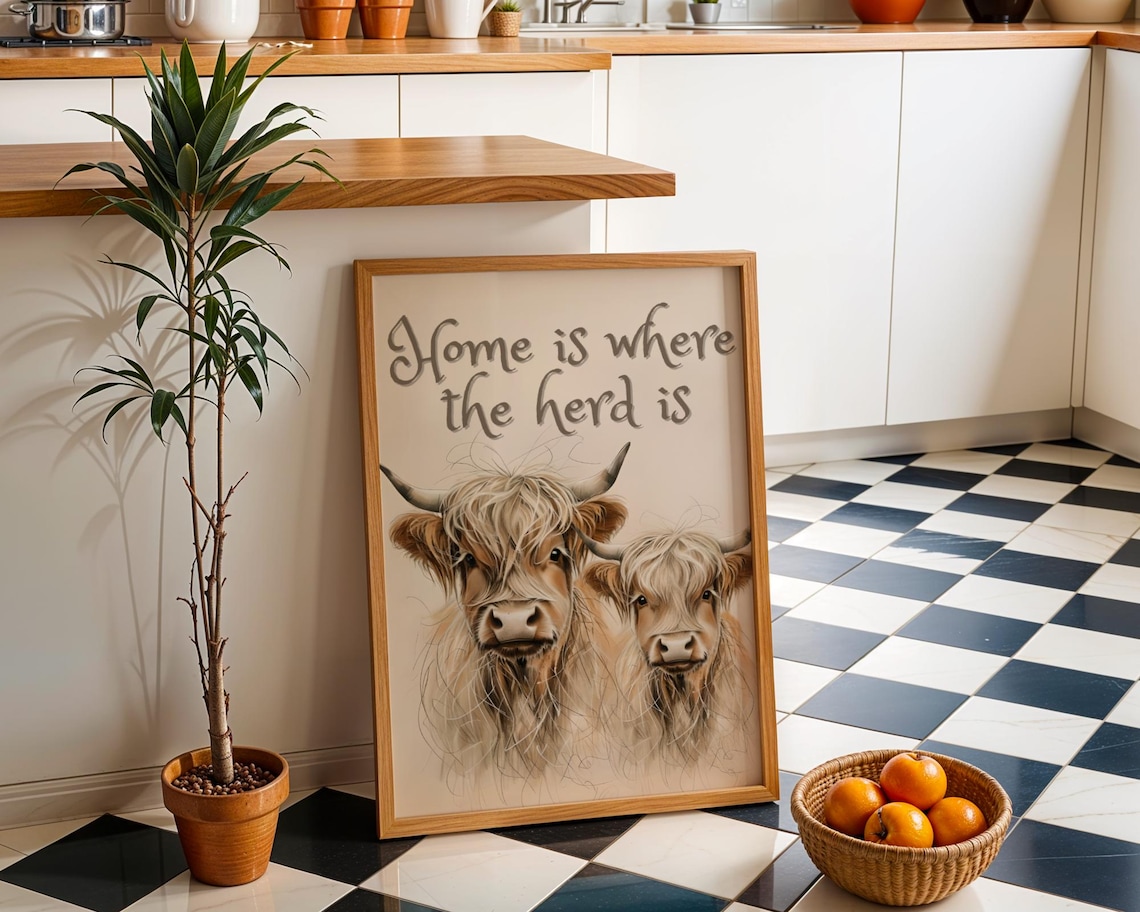 Highland Cow Art Print, Rustic Farmhouse Kitchen Decor