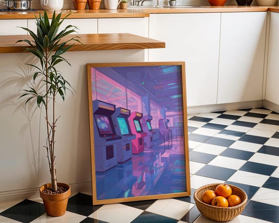 Lofi Arcade Art Print Retro Gaming Wall Neon Vaporwave Poster Anime Dcor Nostalgic City Pop Illustration