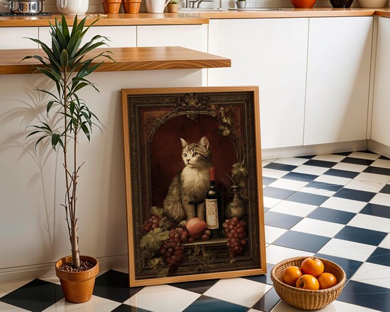 Baroque Cat Still Life Painting Wine Bottle Grapes Classical Portrait Poster