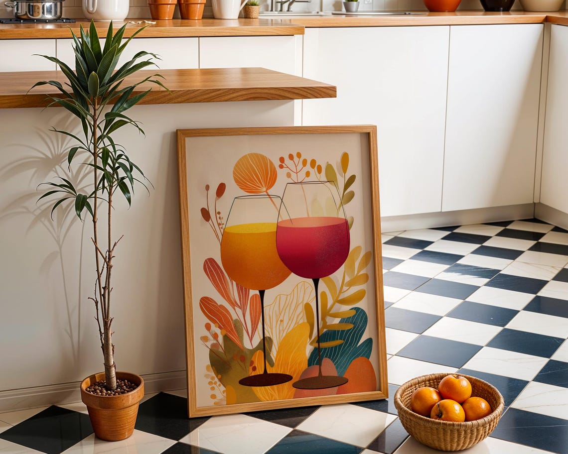 Modern Abstract Wine Glasses Orange Botanical Kitchen Art Poster