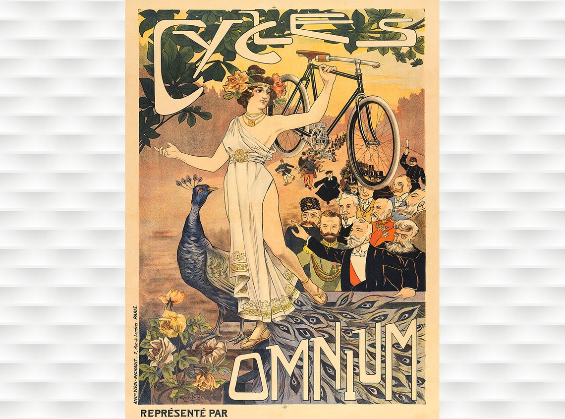 Cycles Omnium Art Nouveau Goddess Peacock Vintage Bicycle Poster