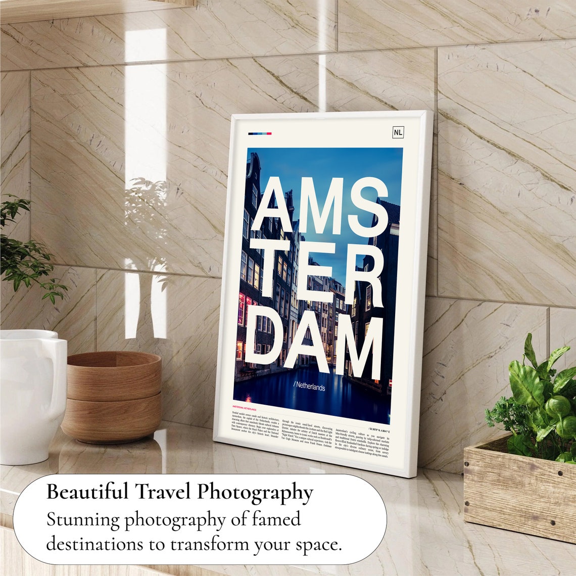 Amsterdam Netherlands Canal Houses Dusk Bold Typography Travel Poster - Image 4