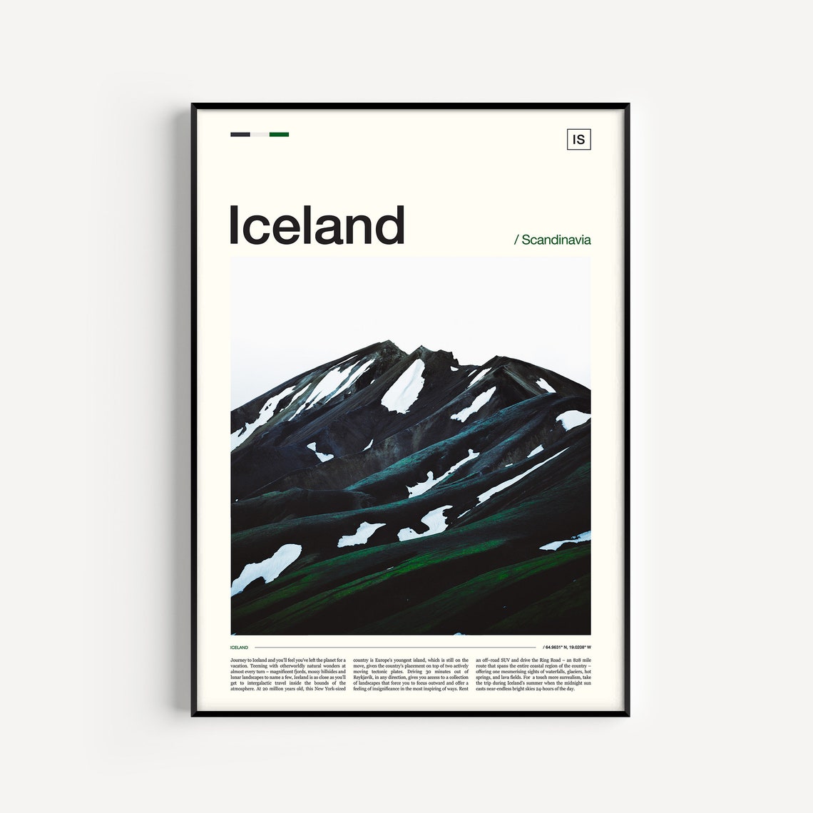 Iceland Dark Volcanic Mountain Snow Patches Dramatic Travel Poster