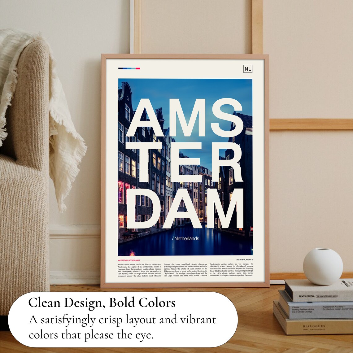 Amsterdam Netherlands Canal Houses Dusk Bold Typography Travel Poster - Image 3