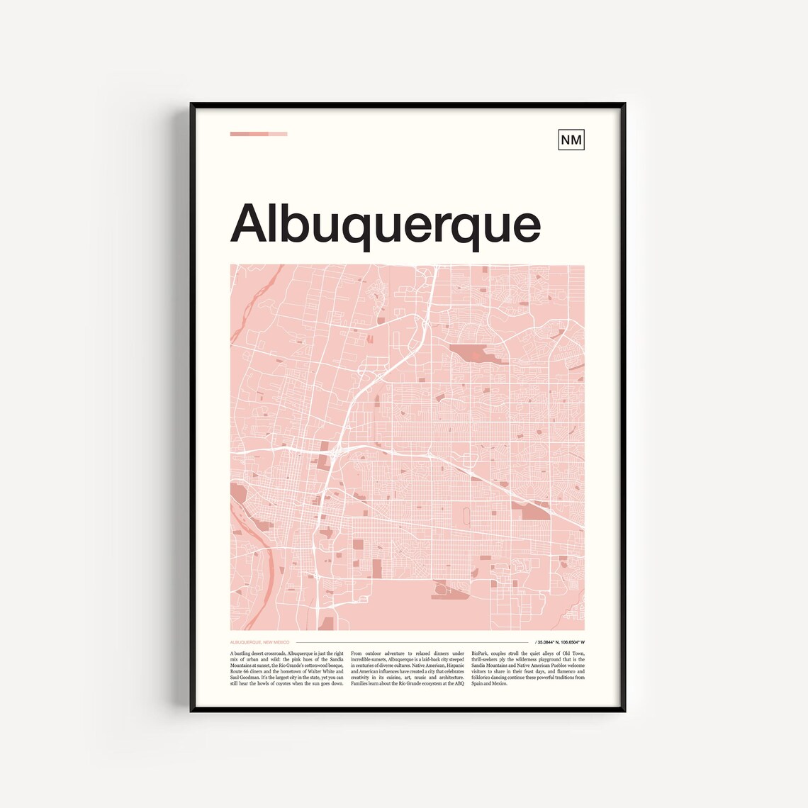 Albuquerque New Mexico Soft Pink City Street Map Travel Poster