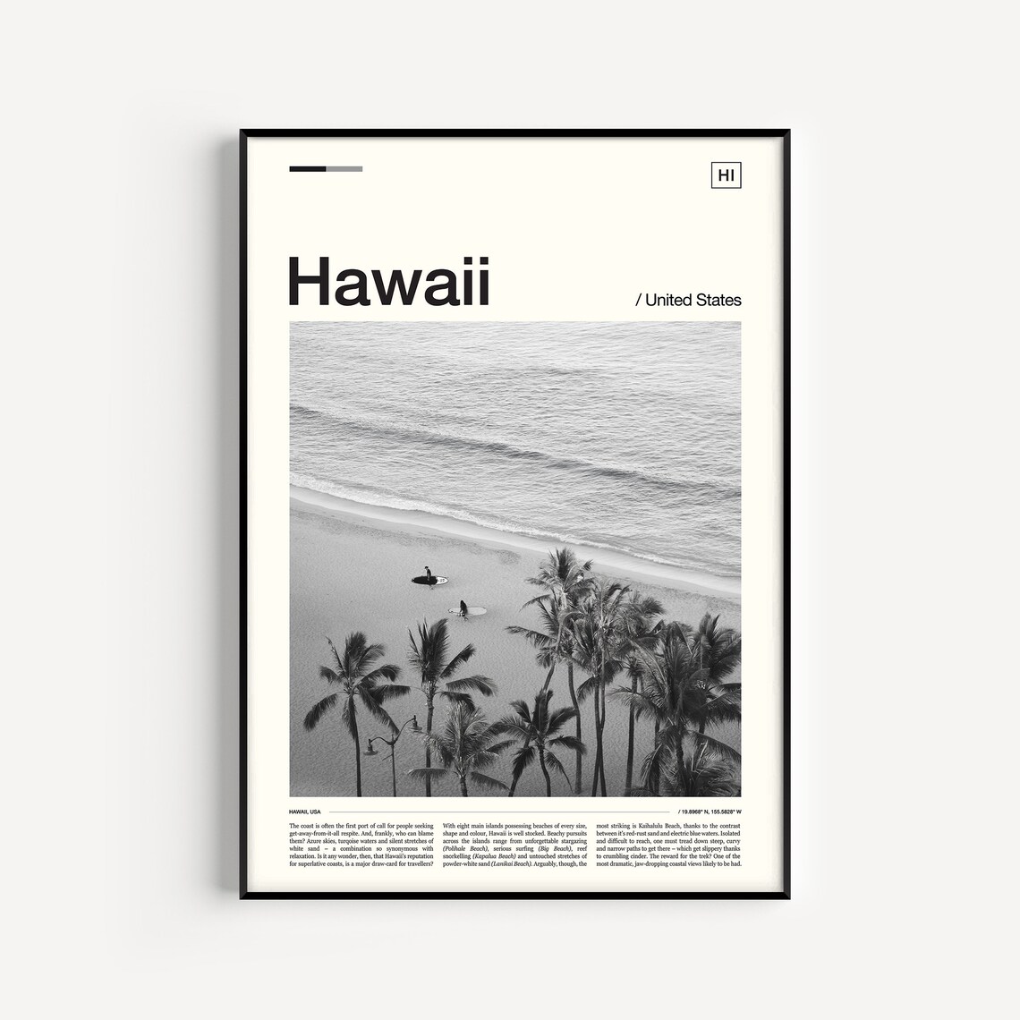 Hawaii Black and White Travel Poster, Wall Art Print