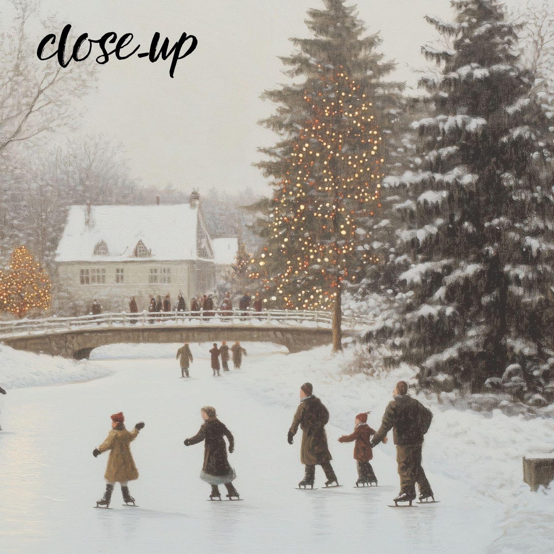 Village Ice Skaters Frozen Pond Lit Trees Winter Village Poster - Image 3