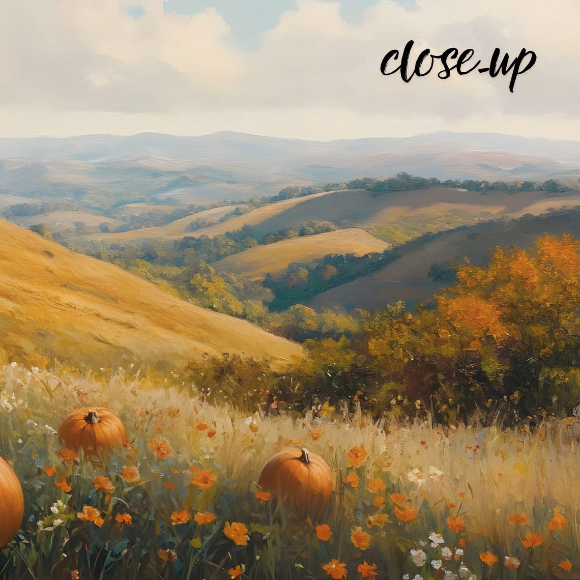 Pumpkins in Golden Flower Field Rolling Hills Harvest Art Poster - Image 3