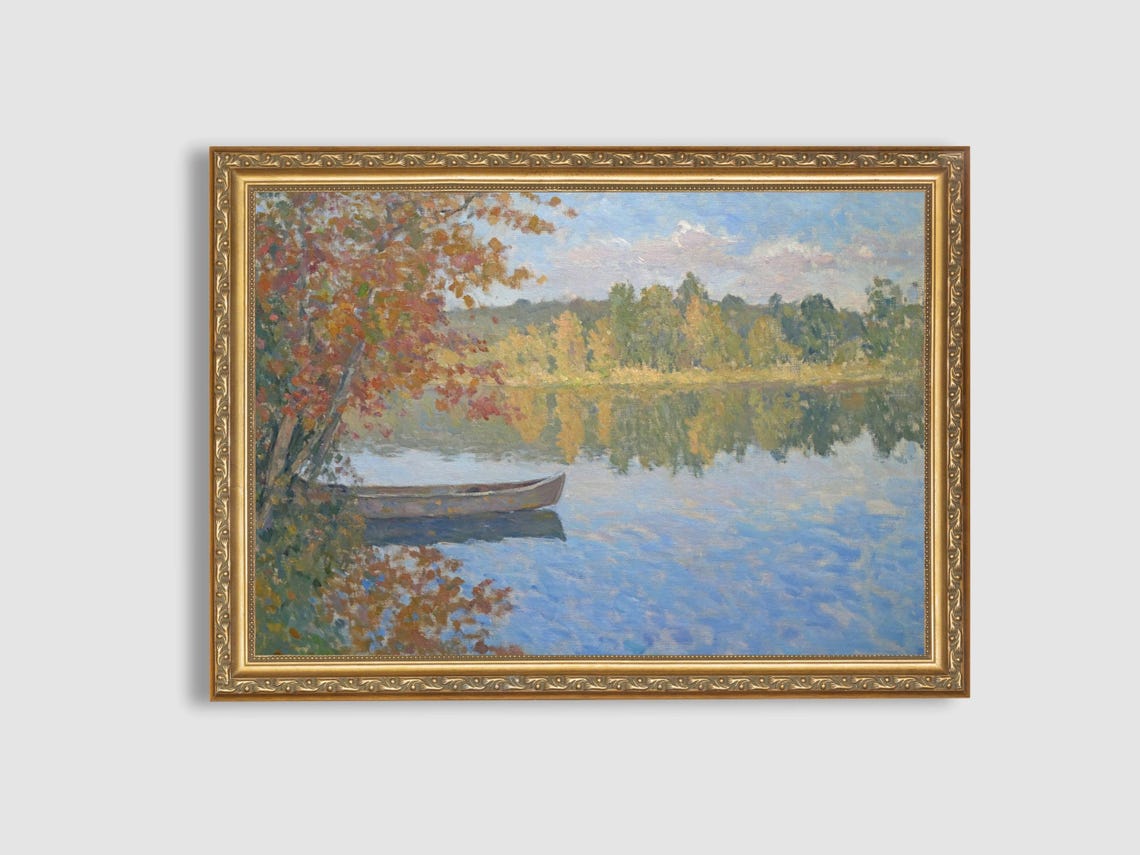 Autumn Lake with Canoe Impressionist Fall Landscape Painting Poster - Image 3