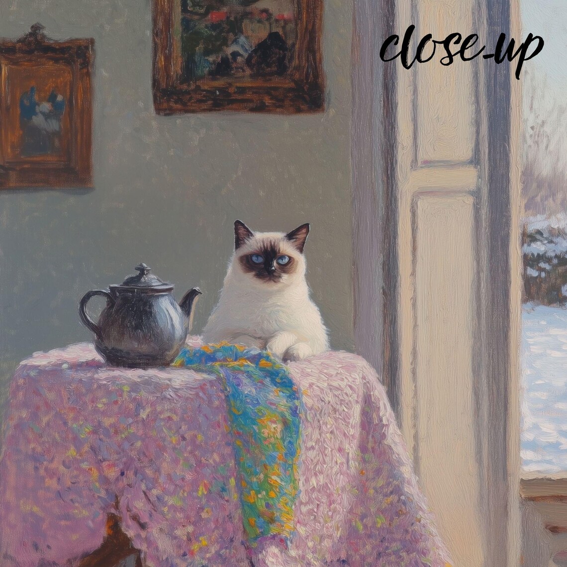 Siamese Cat with Teapot by Open French Doors Overlooking a Snowy Garden Poster - Image 4
