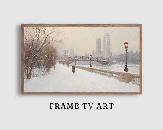 Snowy Bridge Walkway City Skyline Winter Urban Landscape Poster