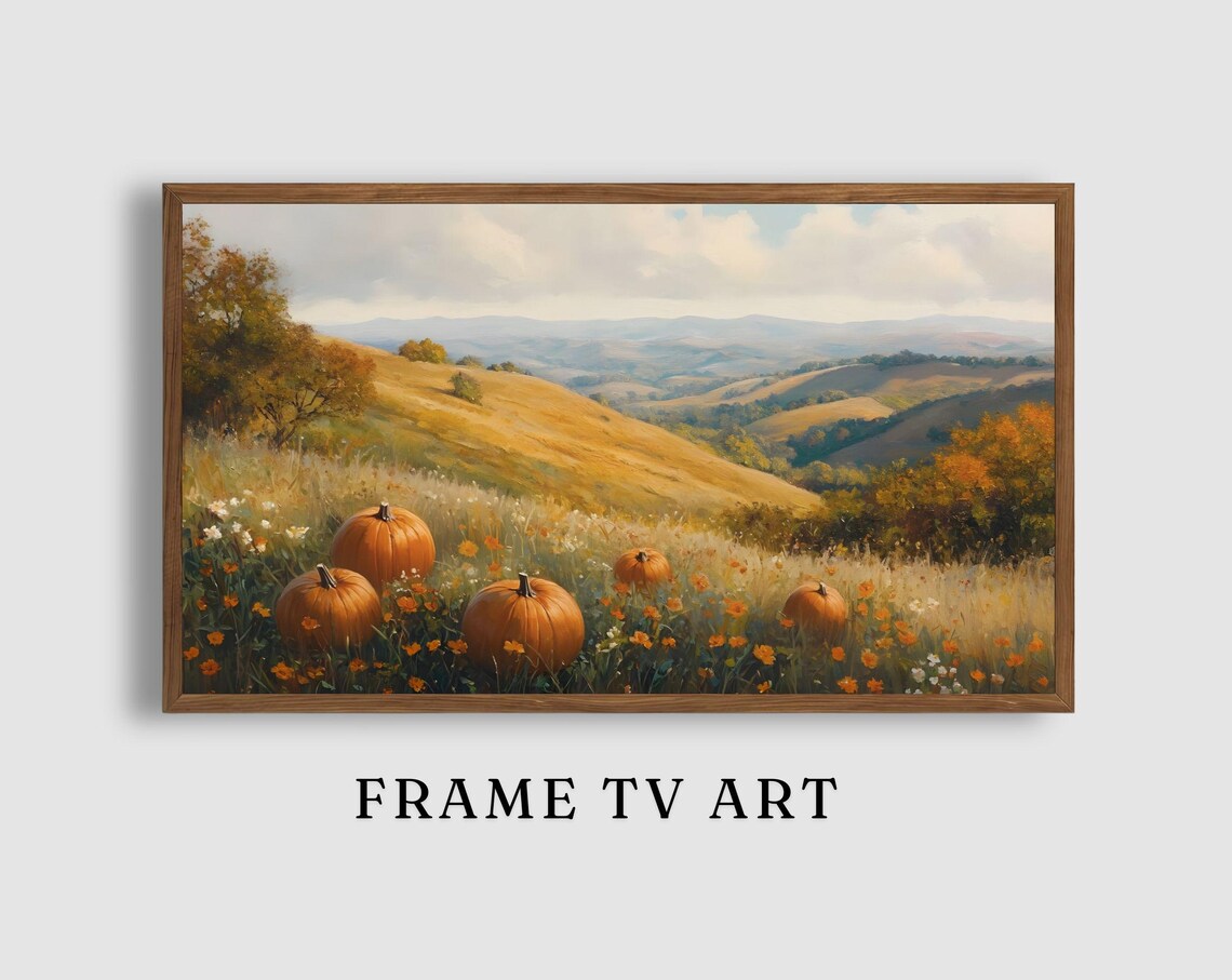 Pumpkins in Golden Flower Field Rolling Hills Harvest Art Poster