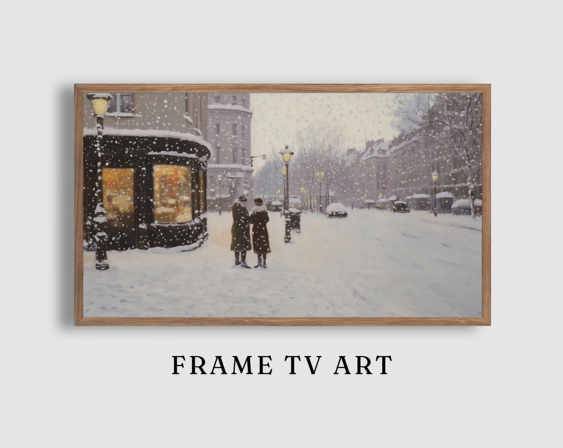 Couple Snowy Street Corner Glowing Shop Window Winter Evening Poster