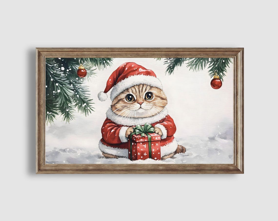Christmas Cat Art For Frame Tv Cute Holiday Decor With Santa Kitten Illustration - Image 2