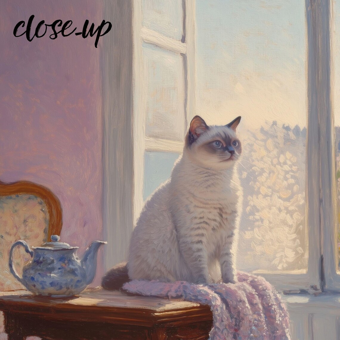Cream Colorpoint Cat Sitting by a Sunny Window with a Blue Teapot Painting Poster - Image 4