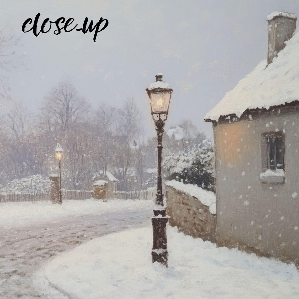 Snowy Cottage Lane Lit Lamppost Bare Trees Winter Scene Poster - Image 4