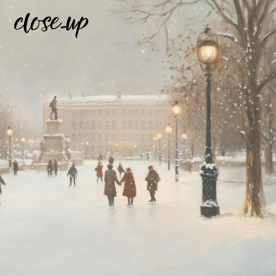 Vintage Ice Skaters Snowy City Plaza Charming Winter Painting Poster - Image 3