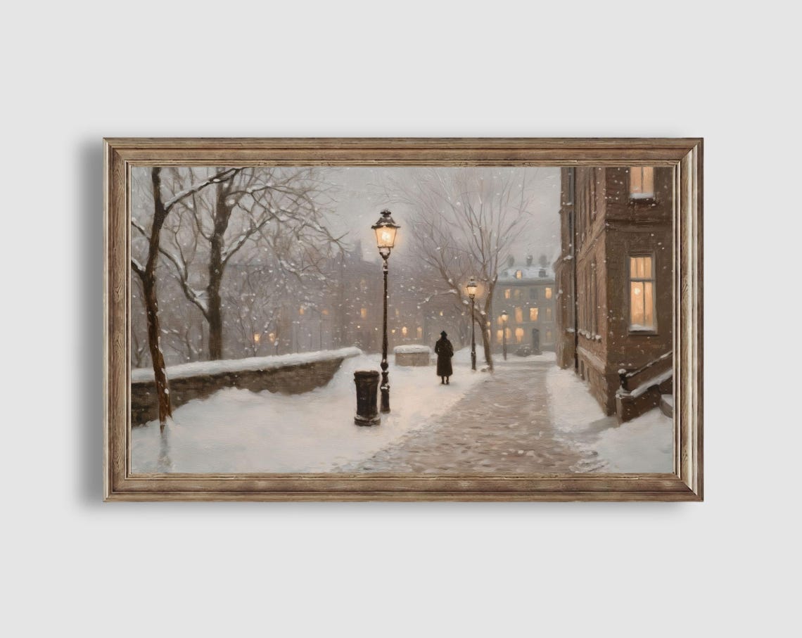 Snowy Evening Street Glowing Lampposts Lone Figure Winter Poster - Image 2