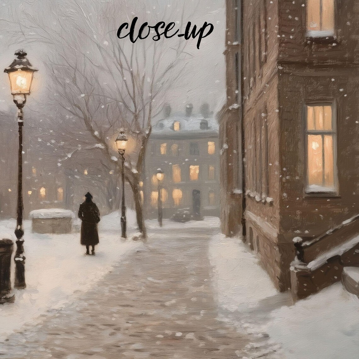 Snowy Evening Street Glowing Lampposts Lone Figure Winter Poster - Image 4