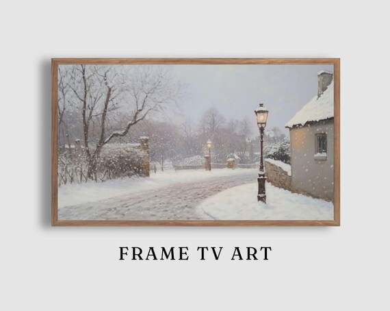 Snowy Cottage Lane Lit Lamppost Bare Trees Winter Scene Poster