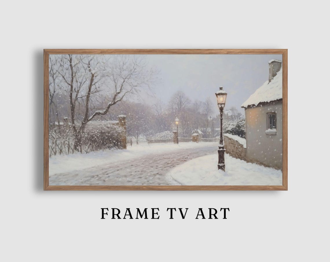 Snowy Cottage Lane Lit Lamppost Bare Trees Winter Scene Poster