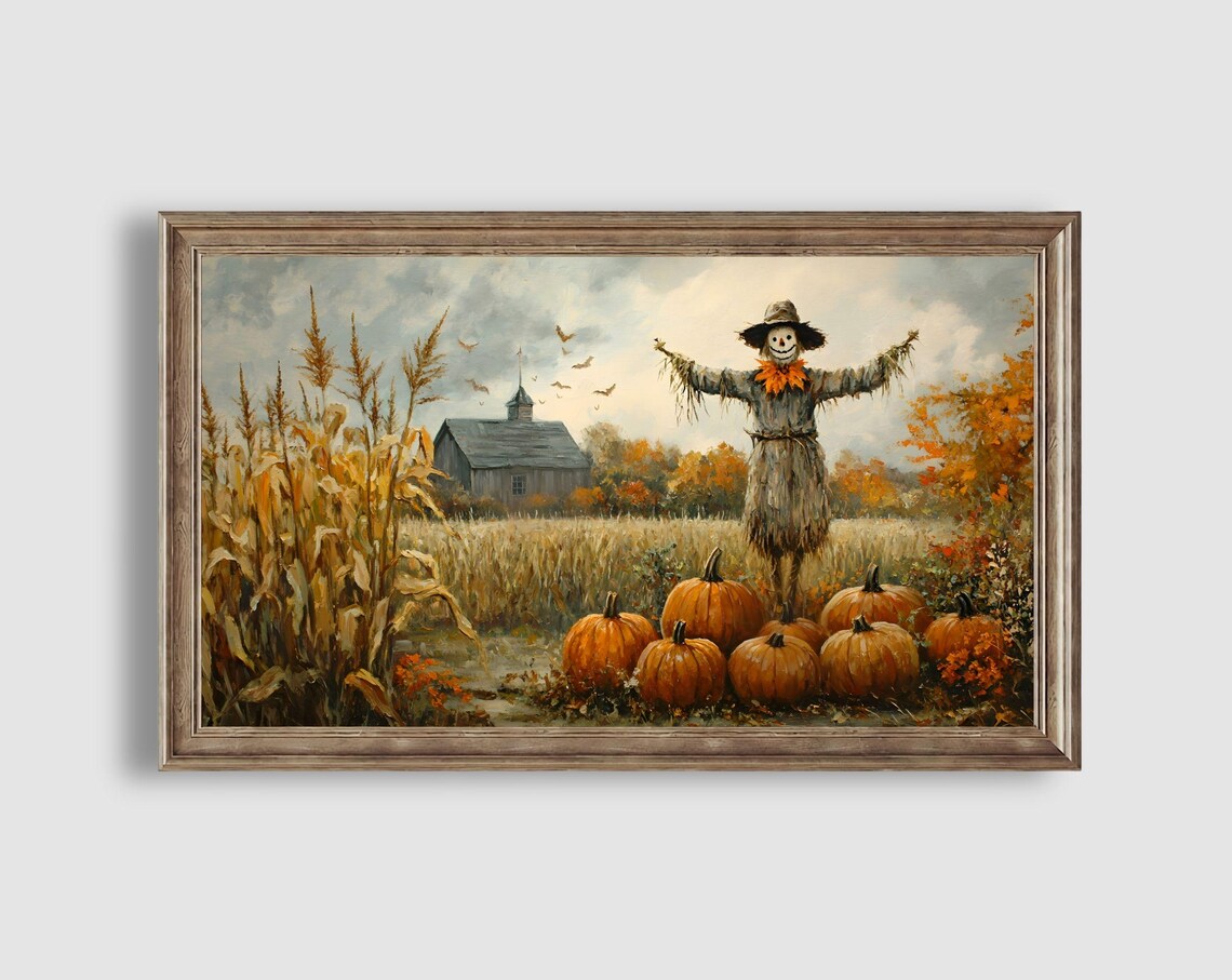 Whimsical Fall Scarecrow with Pumpkins by the Cornfield and Old Barn Poster - Image 2