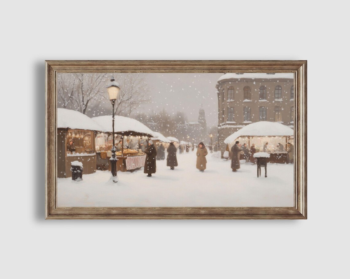 Snowy Christmas Market Stalls Shoppers Falling Snow Village Poster - Image 2