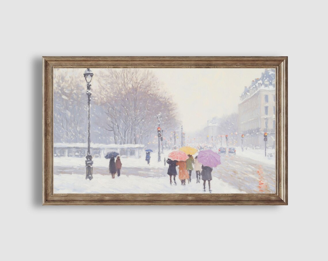 Colorful Umbrellas Crossing a Snowy Winter Boulevard in Impressionist Style Poster - Image 2