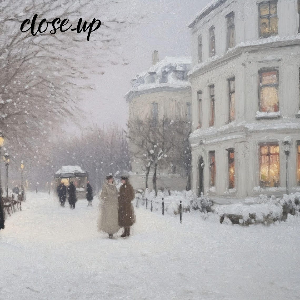 Snowy Street Café Awning Pedestrians Winter City Scene Poster - Image 3