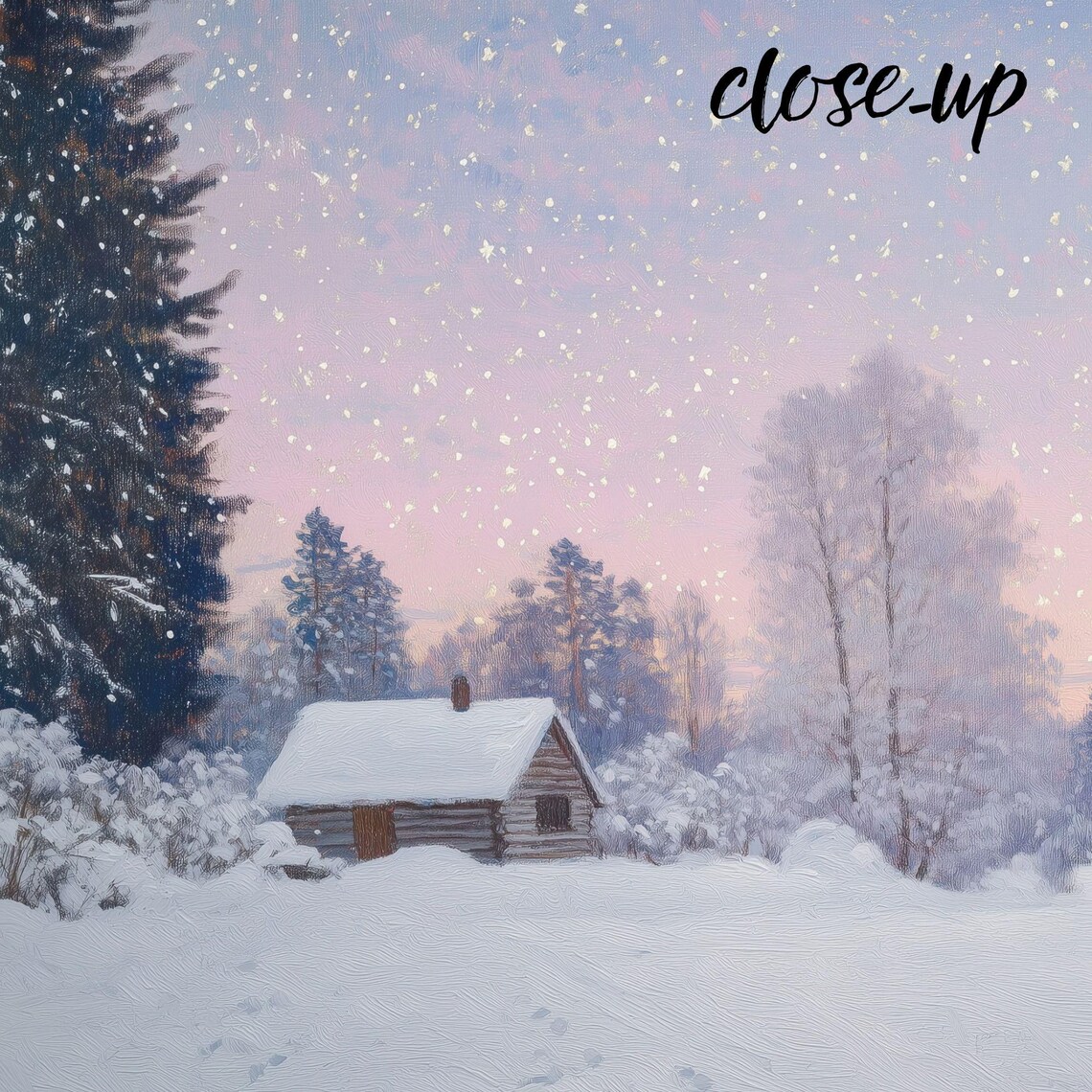 Snowy Forest Cabin Under Starry Pink Sky Winter Woodland Poster - Image 4