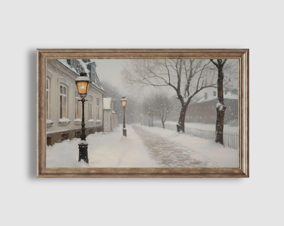 Snowy Lamplit Street Falling Snow Old Town Winter Walk Poster - Image 2