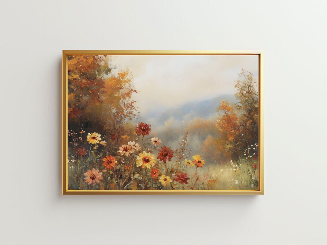 Autumn Wildflower Meadow Vintage Floral Misty Hills Landscape Poster - Image 3