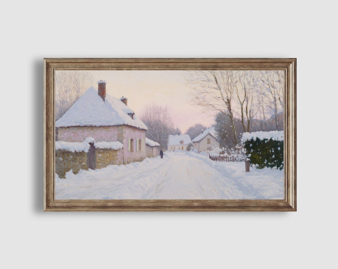 Snowy Village Lane with Pink Stone Cottages at Rosy Winter Dawn Painting Poster - Image 2