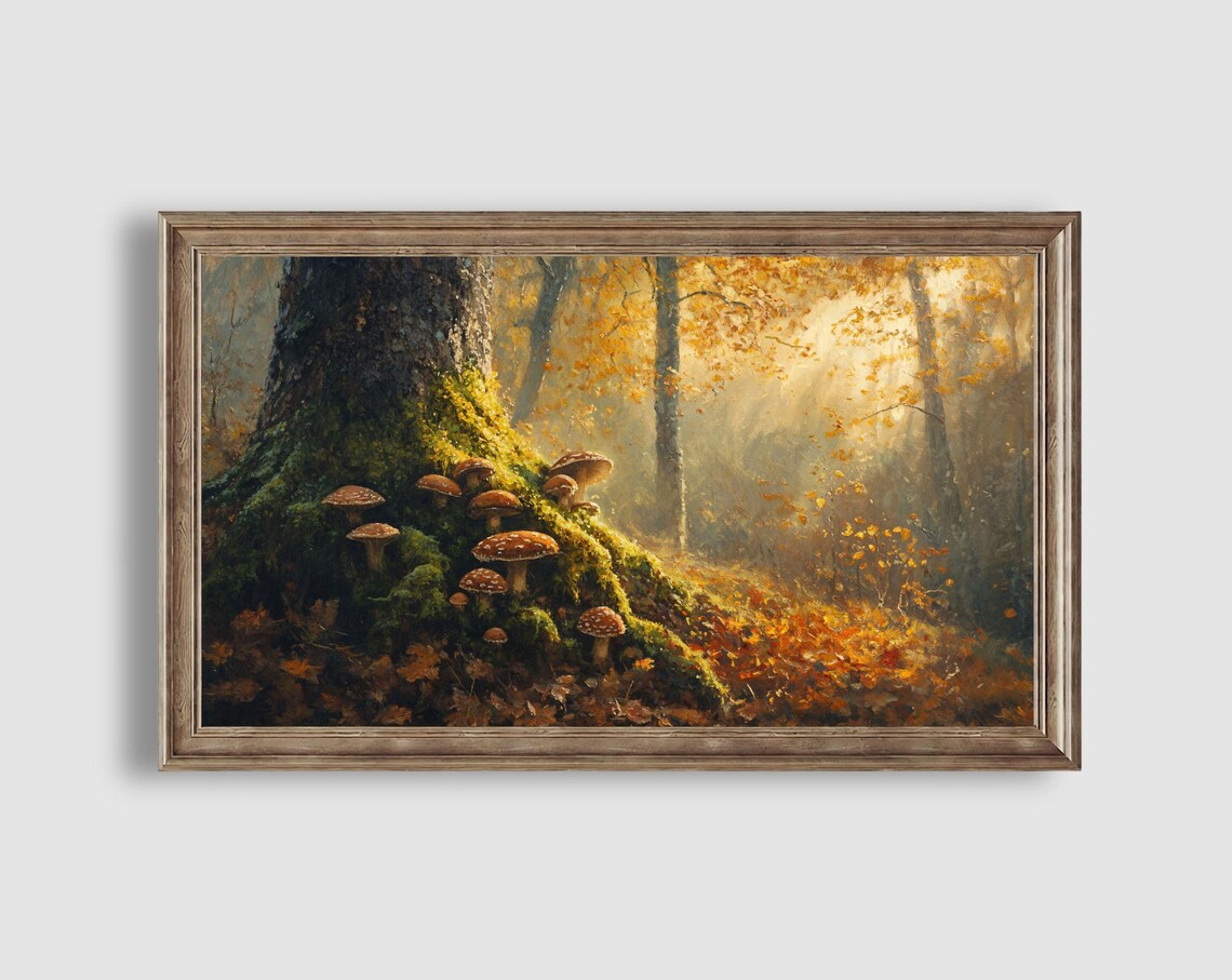 Red Capped Mushrooms at Mossy Tree Base Sunlit Autumn Woodland Art Poster - Image 2