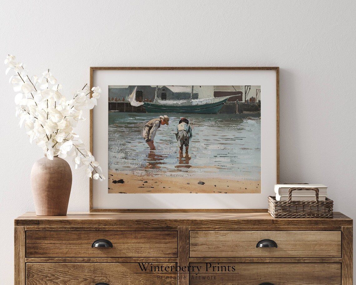 Vintage Boys Wading Harbor Water Sailboat Antique Seascape Art Poster - Image 3