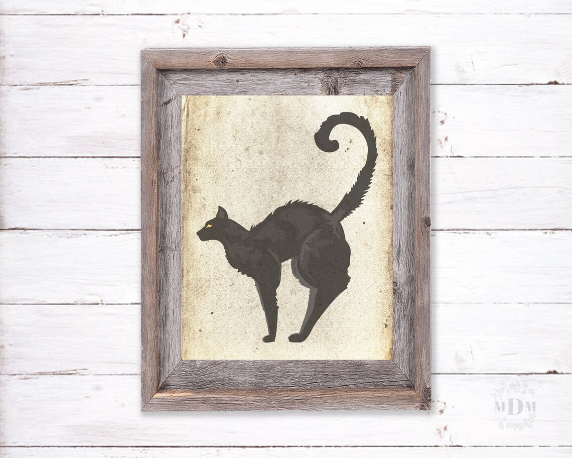 Black Cat Silhouette Arched Back Yellow Eyes Vintage Halloween Art Poster - Image 5