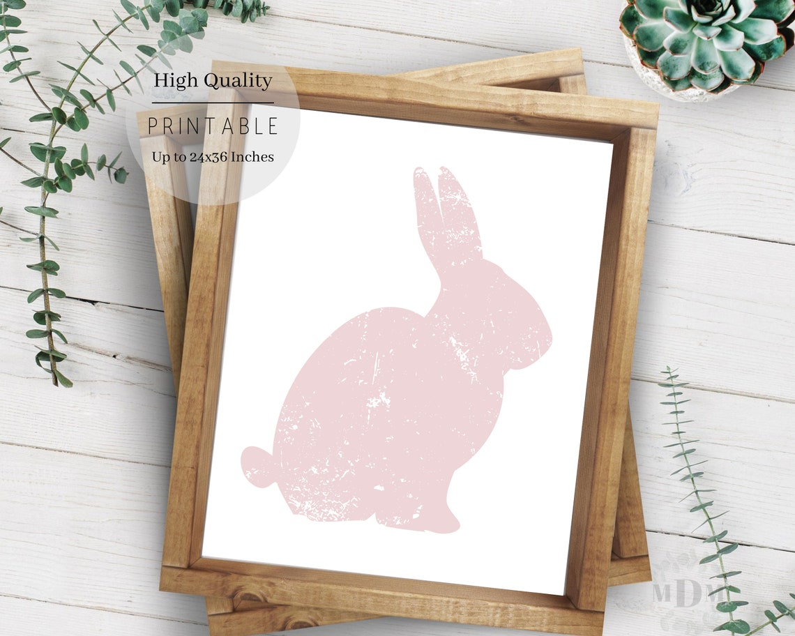 Soft Pink Bunny Silhouette Distressed White Framed Easter Art Poster - Image 3