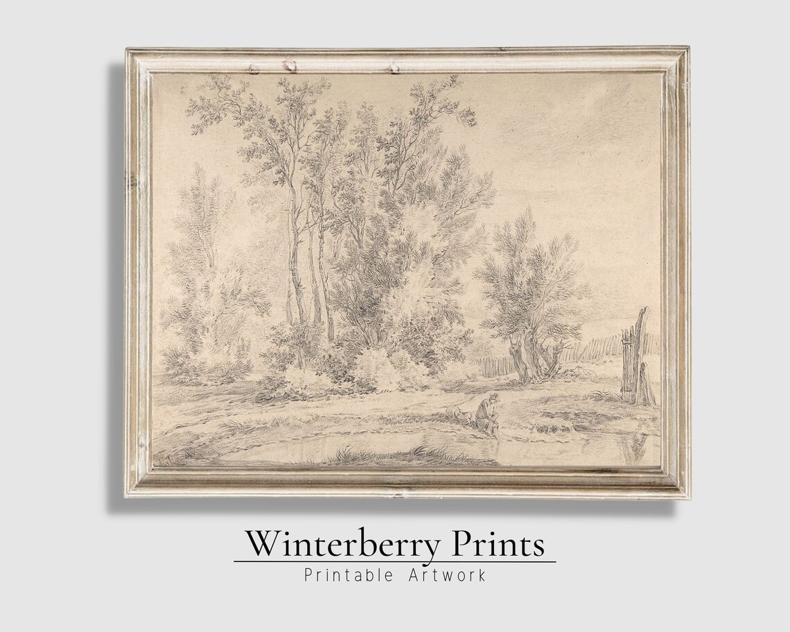 Antique Pencil Sketch Woodland Pond Trees Peaceful Landscape Wall Art - Image 5