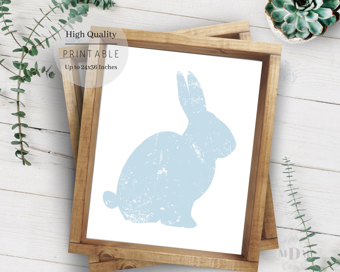Light Blue Bunny Silhouette Distressed White Framed Easter Art Poster - Image 3