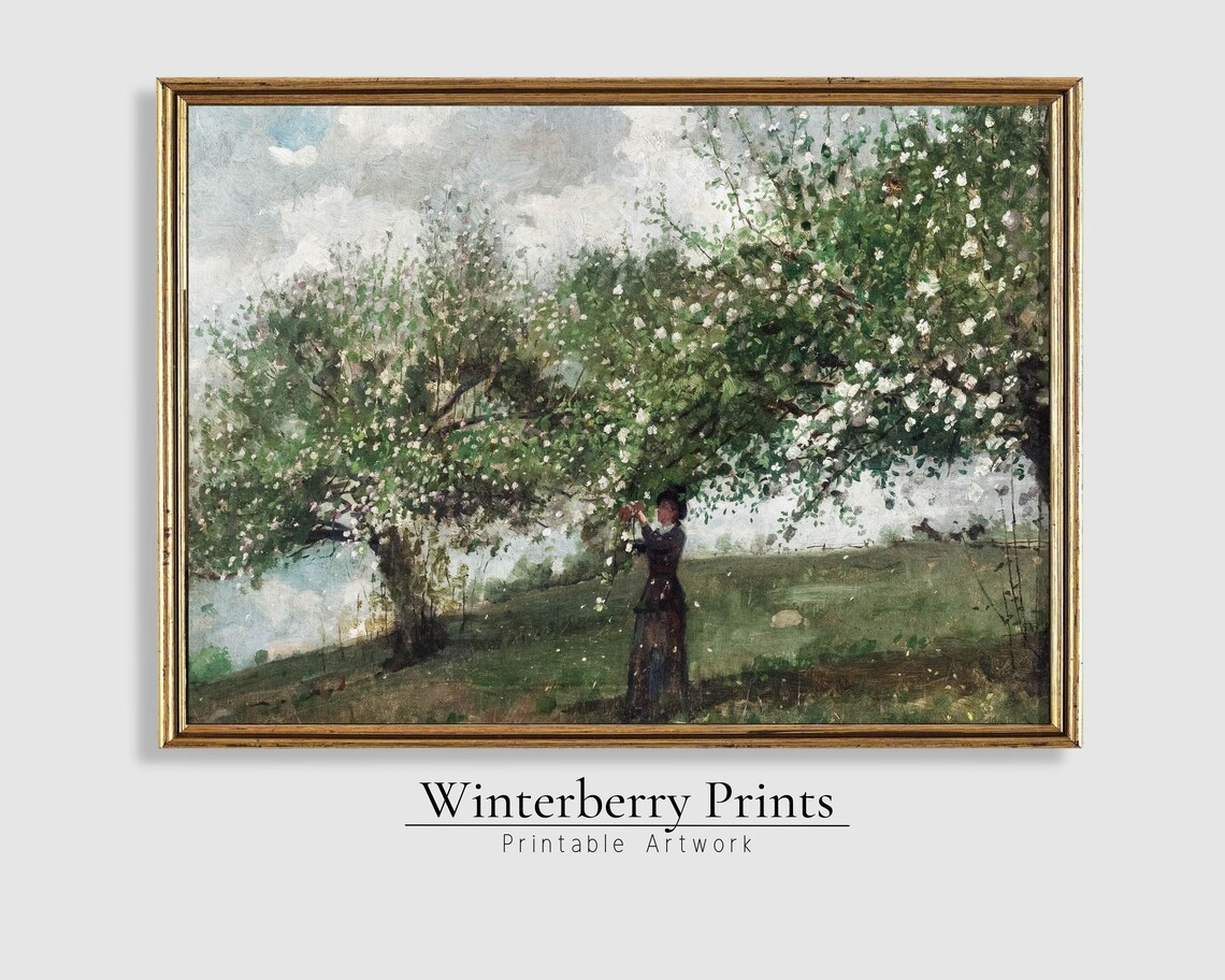 Vintage Lady Picking Blossoms Flowering Orchard Oil Painting Antique Poster