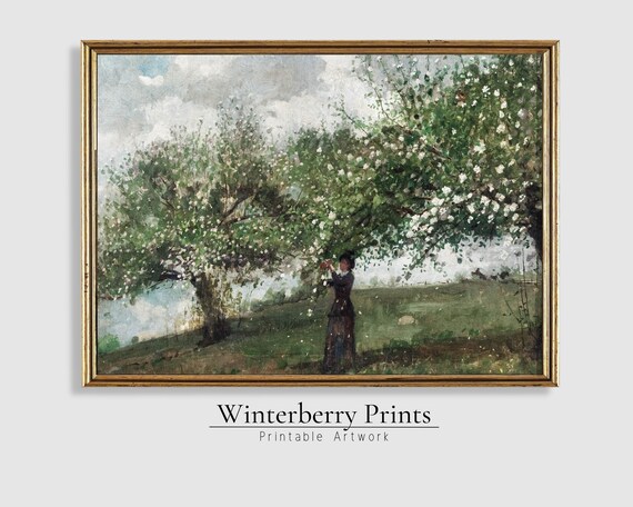 Vintage Lady Picking Blossoms Flowering Orchard Oil Painting Antique Poster
