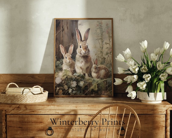 Easter Vintage Rabbit Painting, Antique Farmhouse Art Print