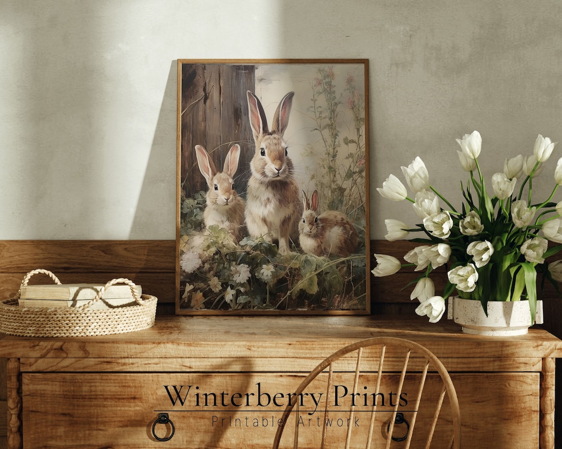 Easter Vintage Rabbit Painting, Antique Farmhouse Art Print