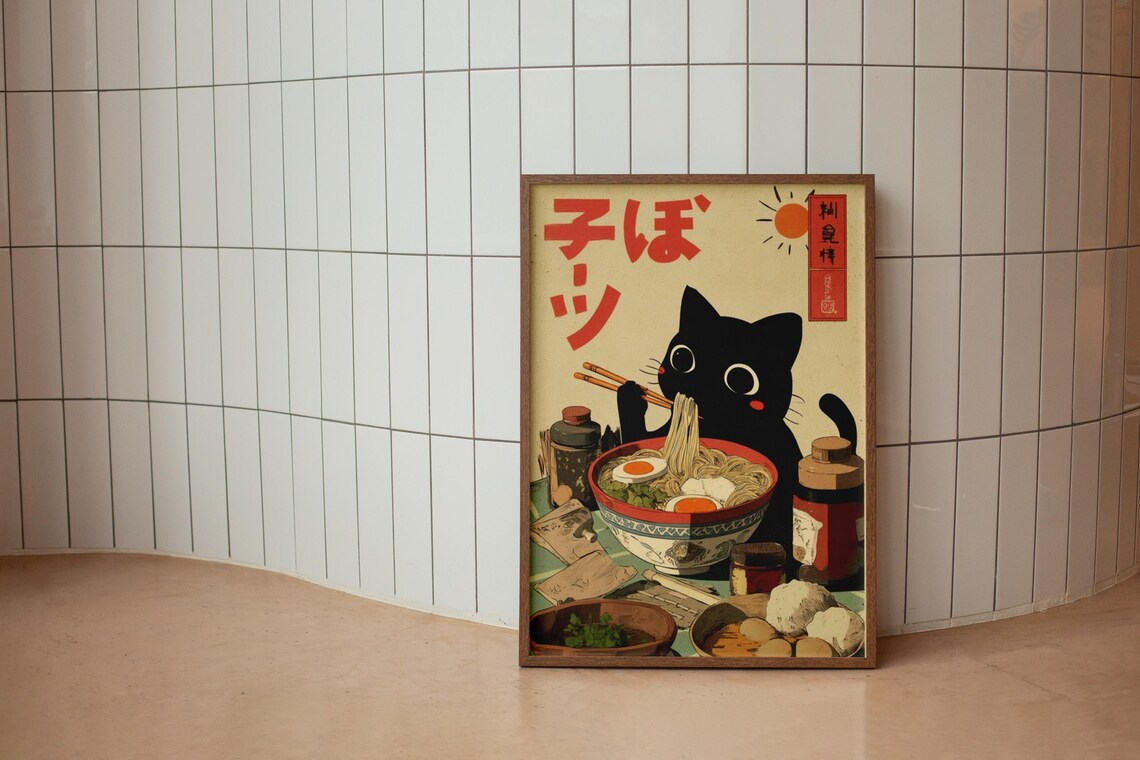 Black Cat Eating Ramen Noodles Vintage Japanese Style Poster