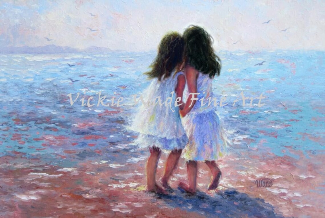 Two Sisters Together Strolling the Ocean Shore in White Dresses Poster