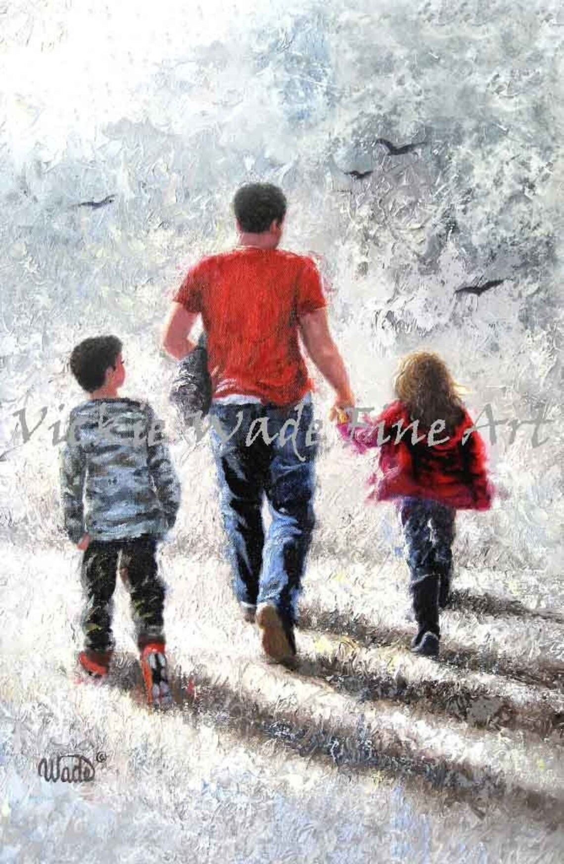 Father Walking with His Son and Daughter on a Frosty Path Poster
