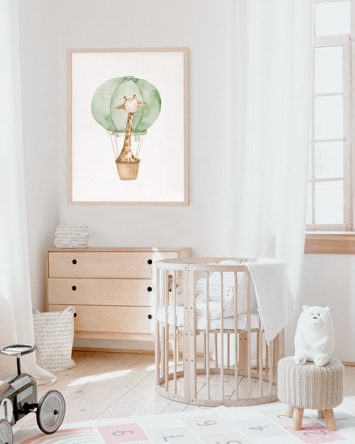 Giraffe Green Hot Air Balloon Neutral Baby Nursery Watercolor Poster - Image 4