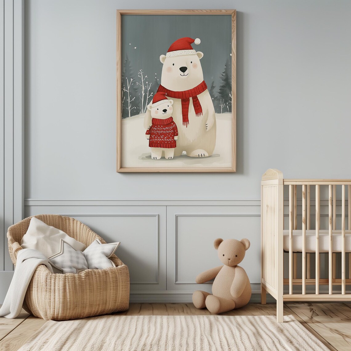 Polar Bears Santa Hats Red Scarves Snowy Forest Christmas Poster - Image 3
