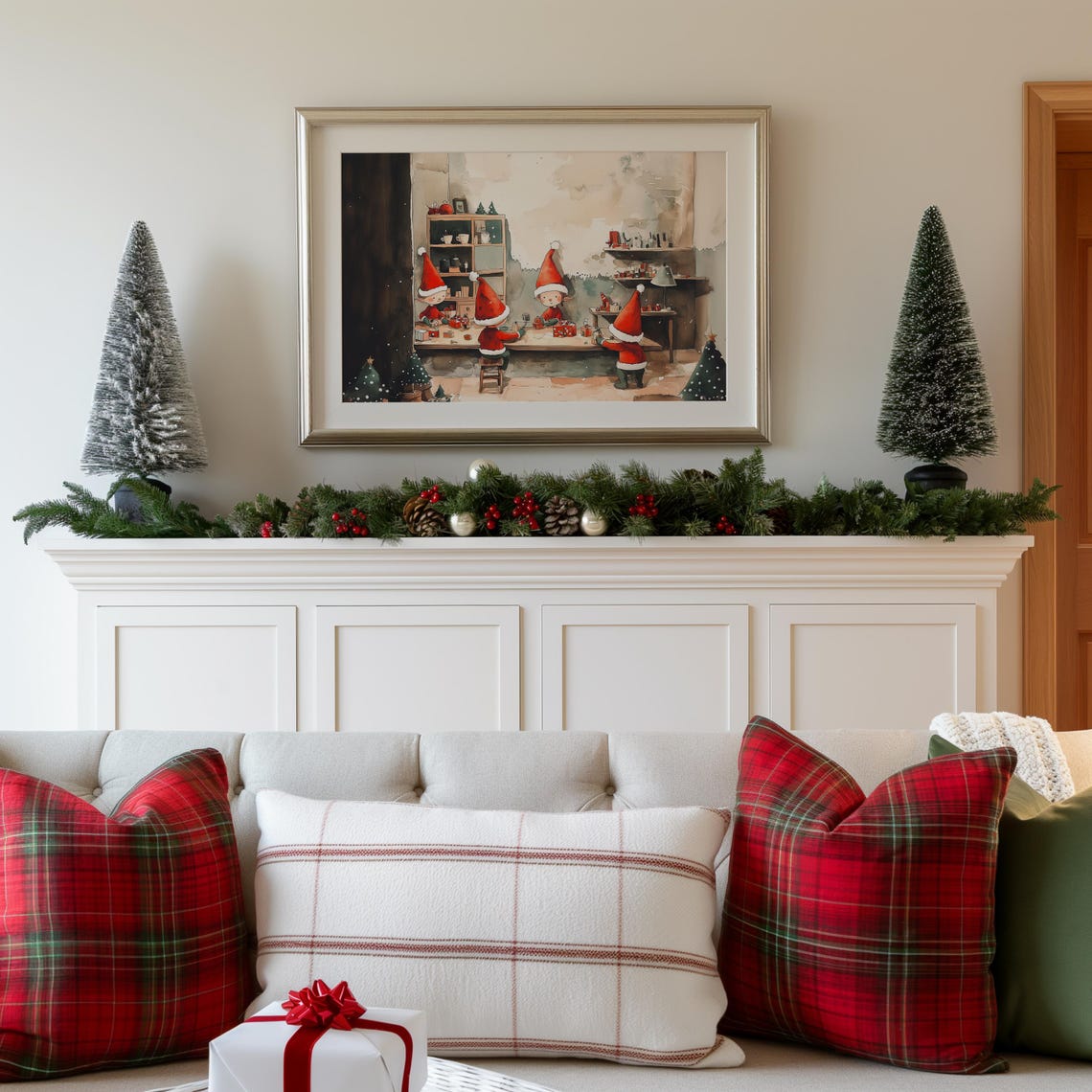 Santas Workshop Christmas Elves Wrapping Gifts Watercolor Poster - Image 4
