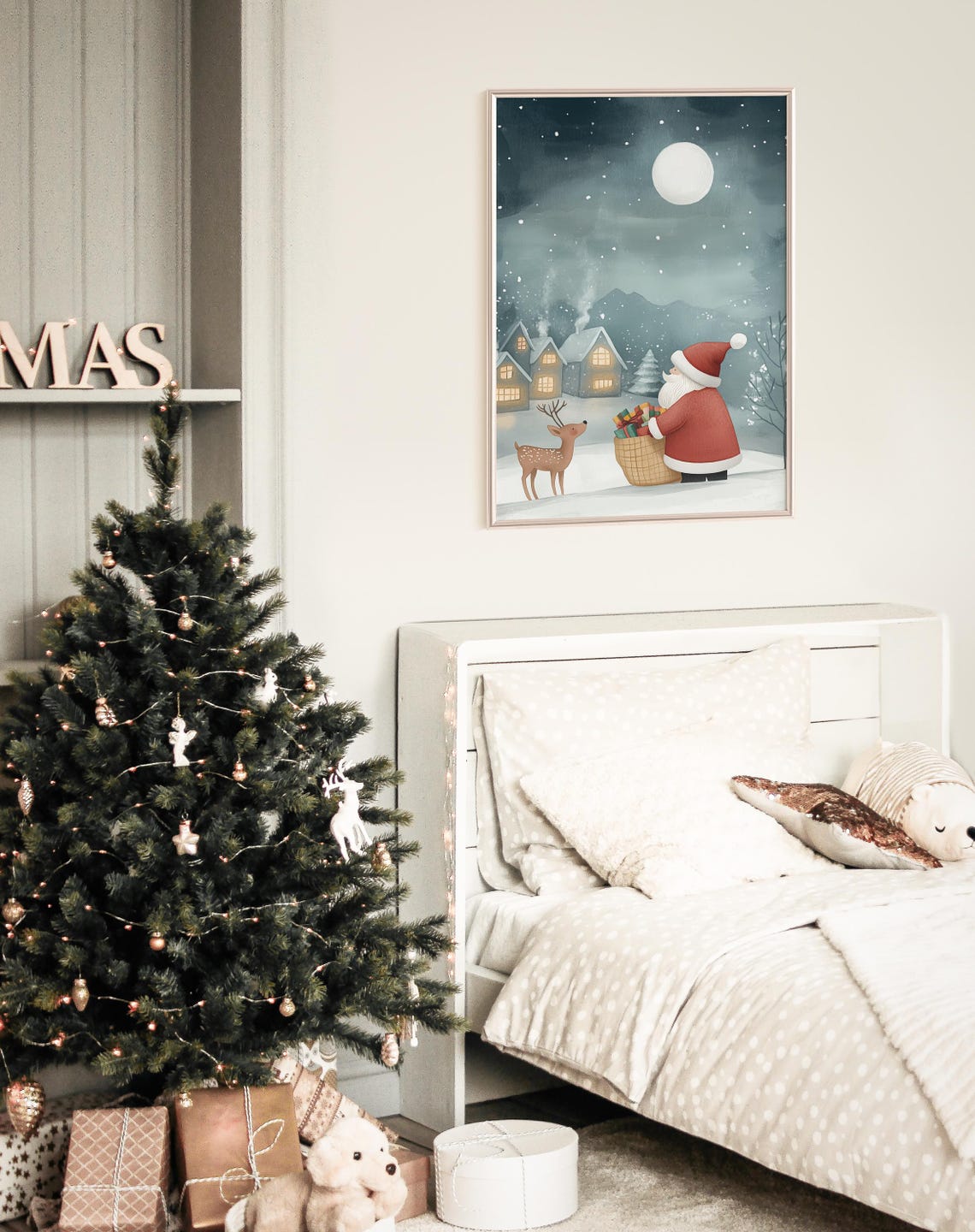 Santa Claus Reindeer Moonlit Village Watercolor Christmas Poster - Image 4